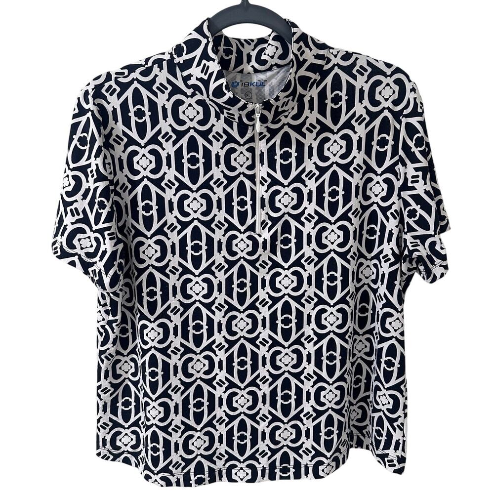 IBKUL Hi Performance Quarter Zip SS Black White Geometric Print Top EUC XL